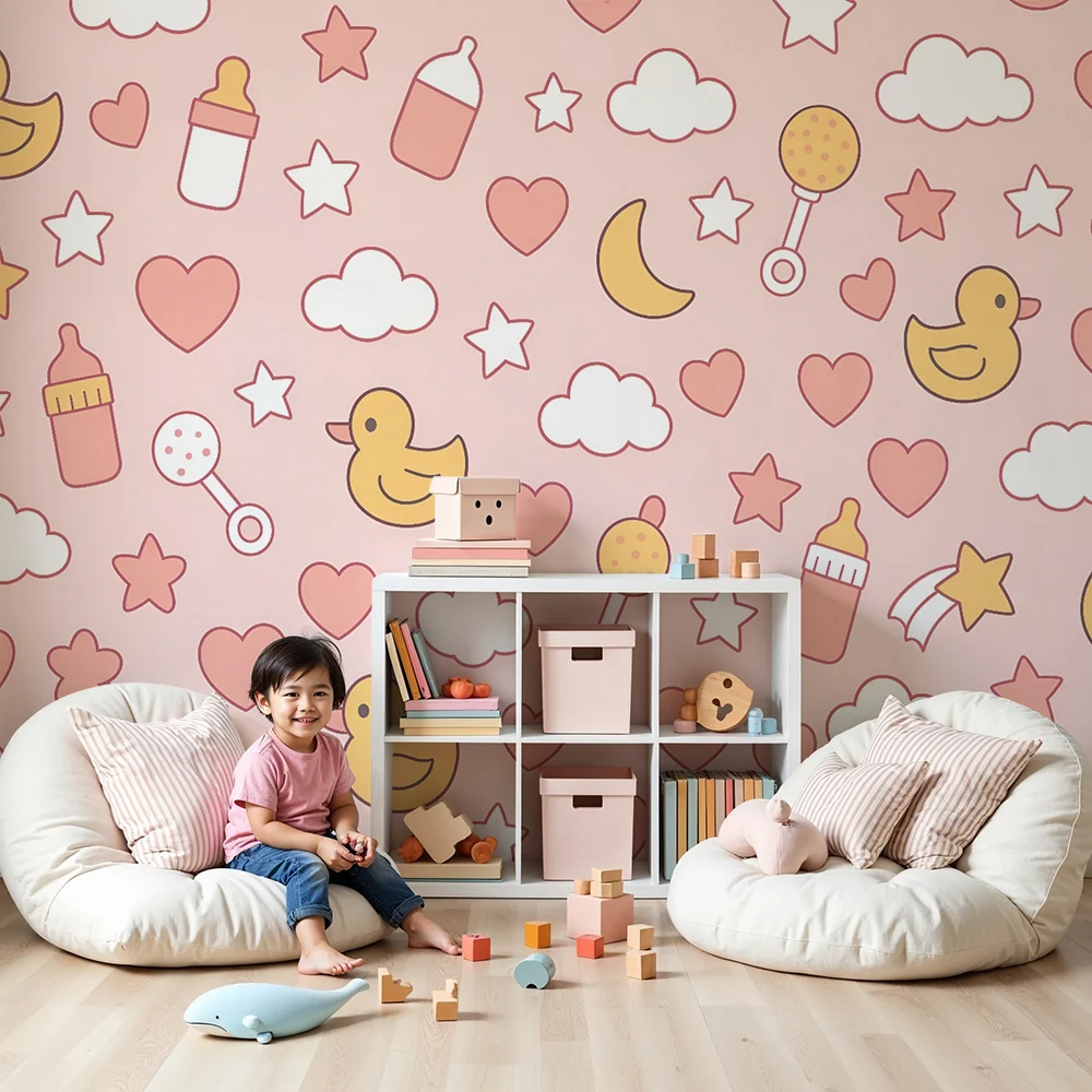 Papel de parede quarto bebê | Pato e estrelas em tons pastel de rosa
