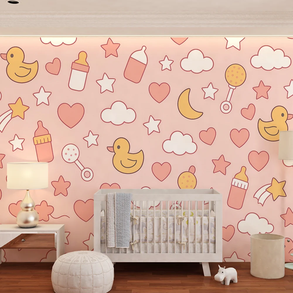 Papel de parede quarto bebê | Pato e estrelas em tons pastel de rosa
