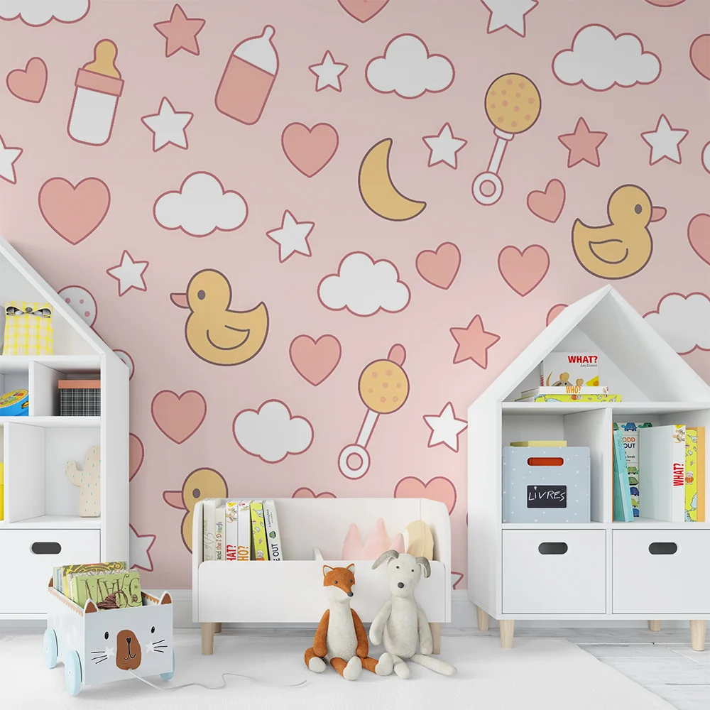 Papel de parede quarto bebê | Pato e estrelas em tons pastel de rosa
