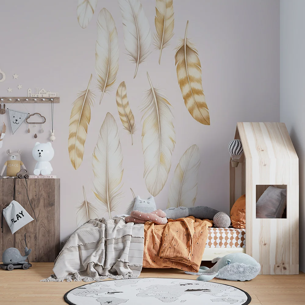 Papel de parede quarto bebê | Penas delicadas em fundo pastel