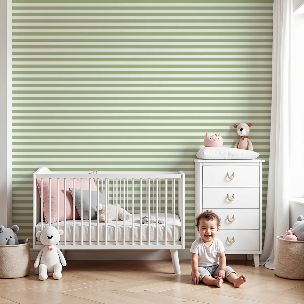 Papel de parede quarto bebê | Pequenas listras horizontais verde sálvia
