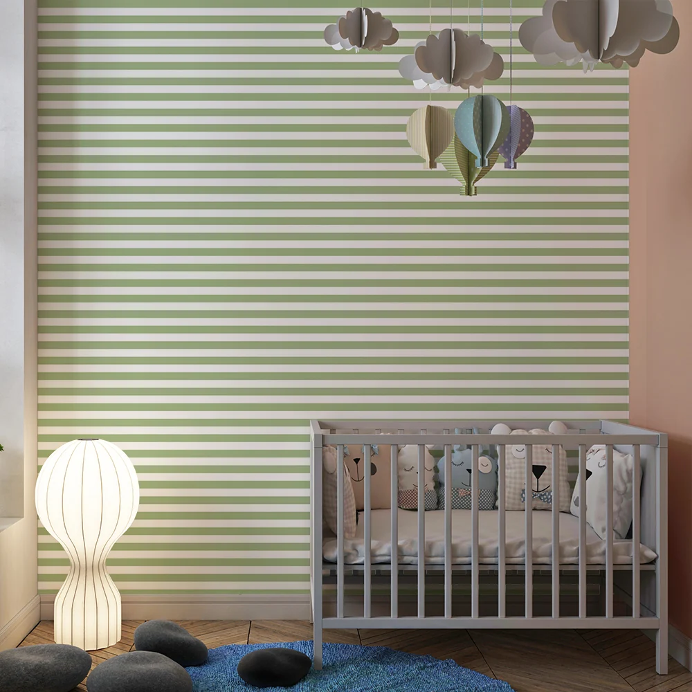 Papel de parede quarto bebê | Pequenas listras horizontais verde sálvia