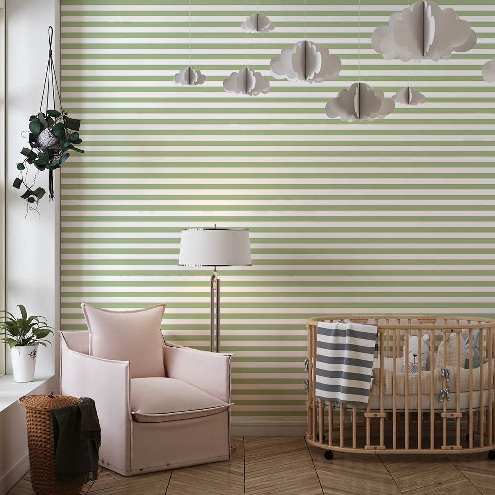 Papel de parede quarto bebê | Pequenas listras horizontais verde sálvia