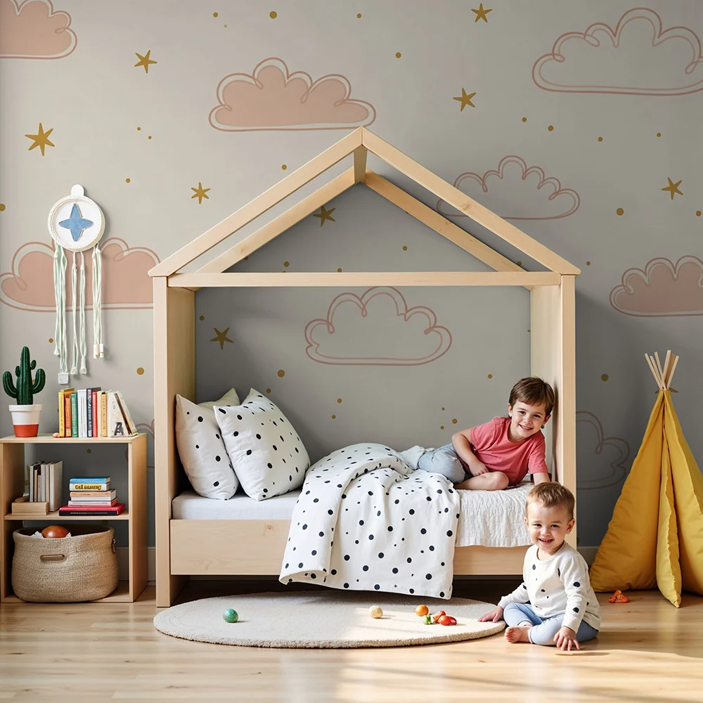 Papel de parede quarto bebê | Pequenas nuvens cor-de-rosa desenhadas