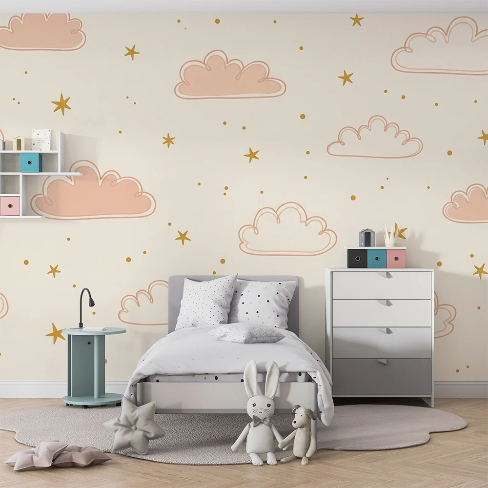 Papel de parede quarto bebê | Pequenas nuvens cor-de-rosa desenhadas