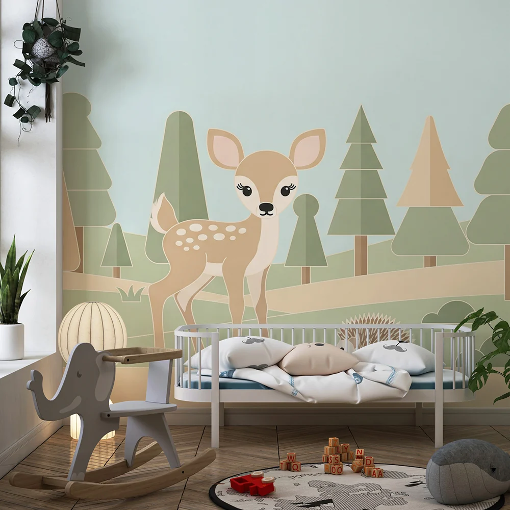 Papel de parede quarto bebê | Pequeno cervo e ouriço em uma floresta suave
