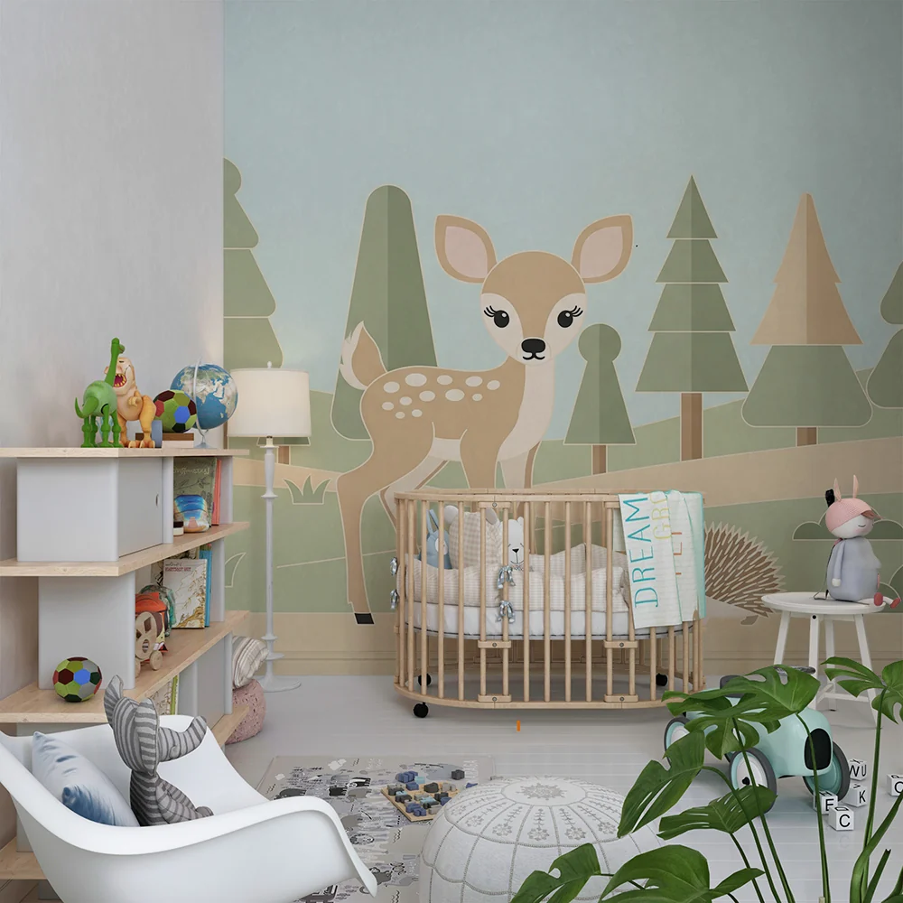 Papel de parede quarto bebê | Pequeno cervo e ouriço em uma floresta suave