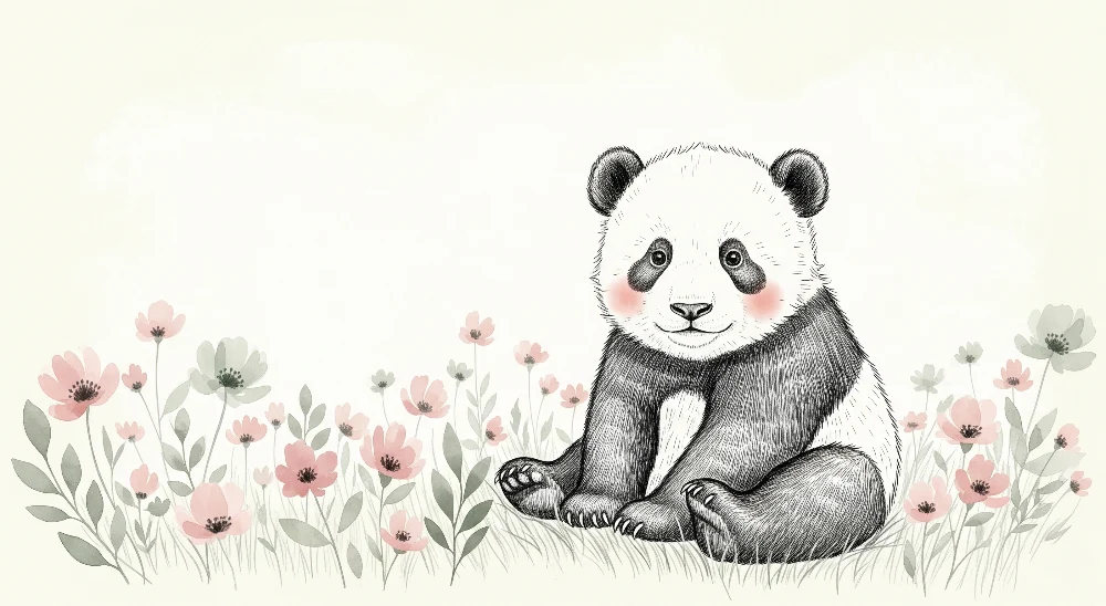 Papel de parede quarto bebê | Pequeno panda e flores delicadas