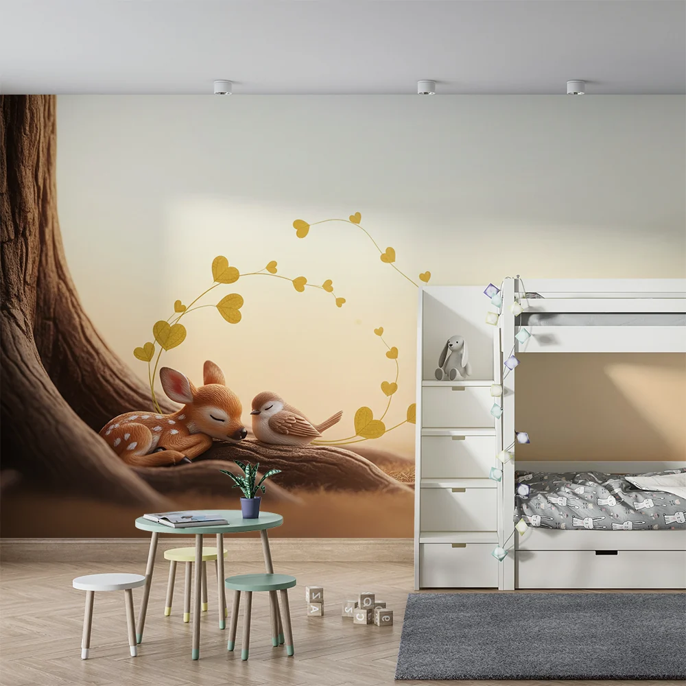 Papel de parede quarto bebê | Pequeno veado e pássaro adormecidos sob uma árvore
