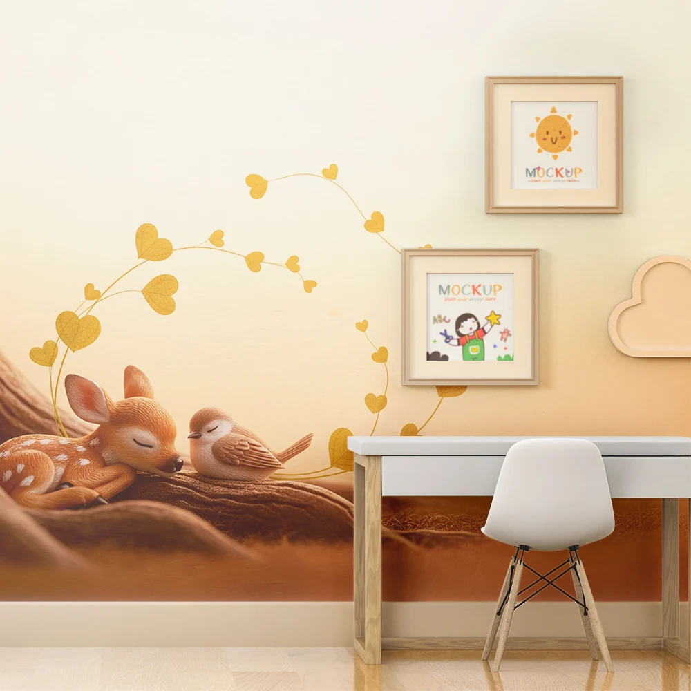 Papel de parede quarto bebê | Pequeno veado e pássaro adormecidos sob uma árvore