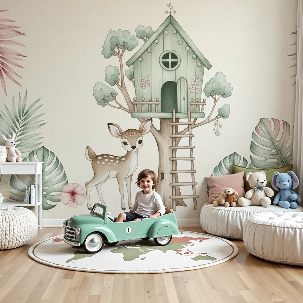 Papel de parede quarto bebê | Pequeno veado e casa na árvore