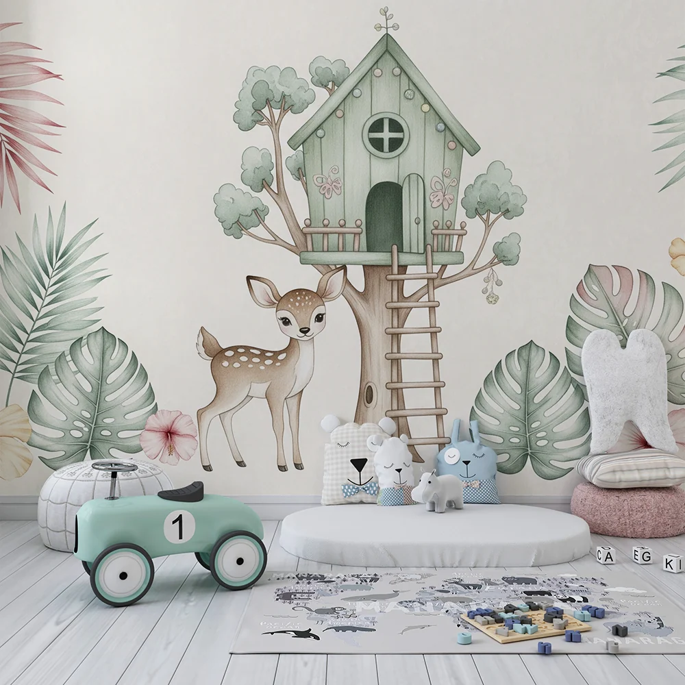 Papel de parede quarto bebê | Pequeno veado e casa na árvore