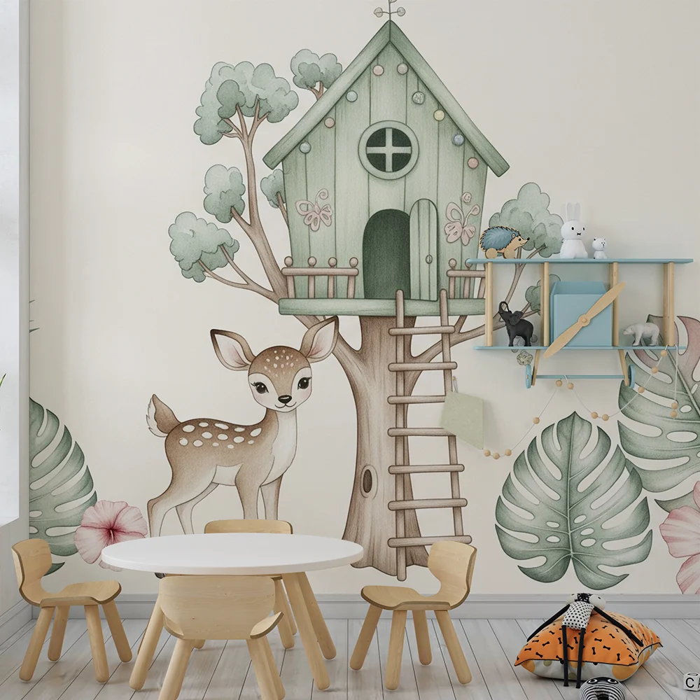 Papel de parede quarto bebê | Pequeno veado e casa na árvore