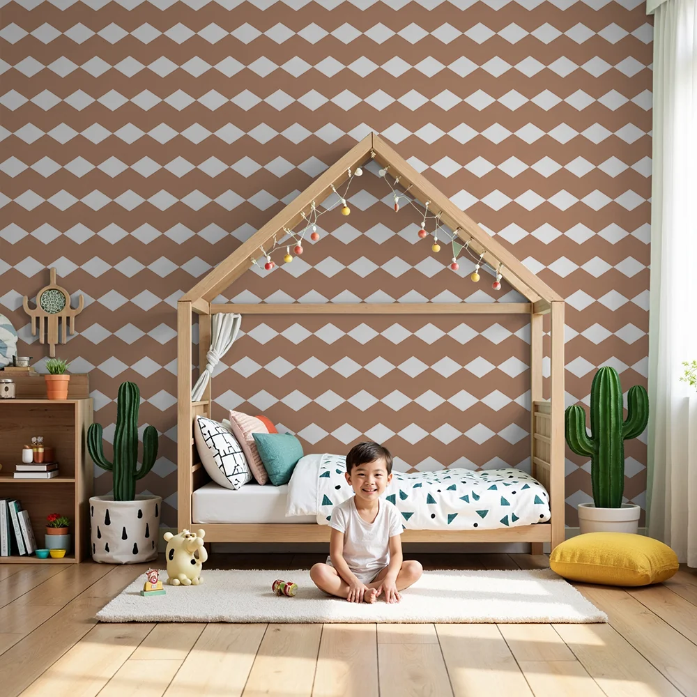 Papel de parede quarto bebê | Pequenos padrões losangulares em terracota e branco