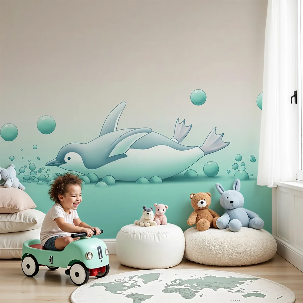 Papel de parede quarto bebê | Pingüim lúdico e bolhas aquáticas