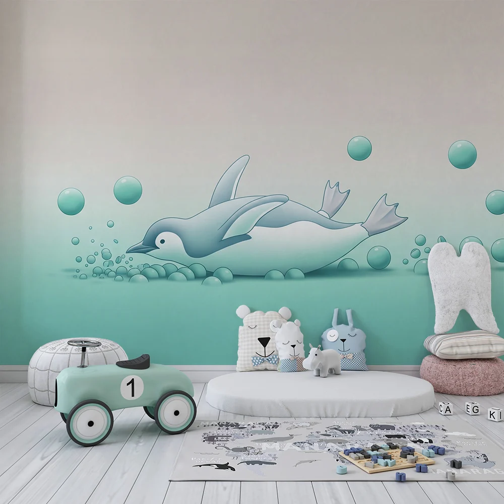 Papel de parede quarto bebê | Pingüim lúdico e bolhas aquáticas
