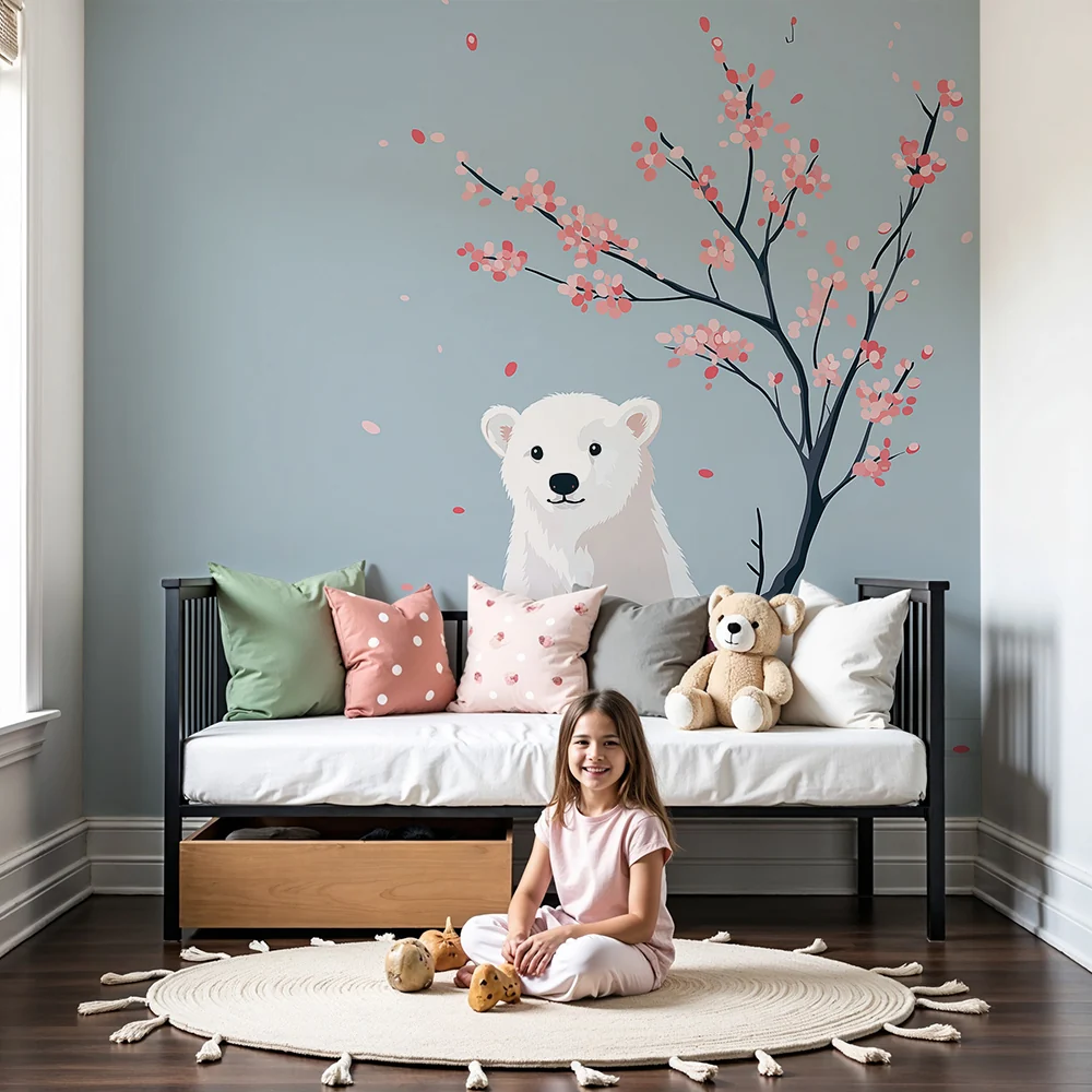 Papel de parede quarto bebê | Polar bear under cherry blossom tree