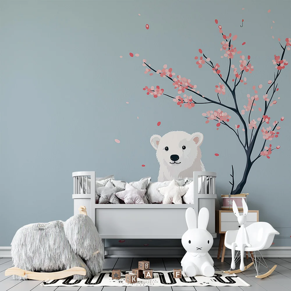 Papel de parede quarto bebê | Polar bear under cherry blossom tree