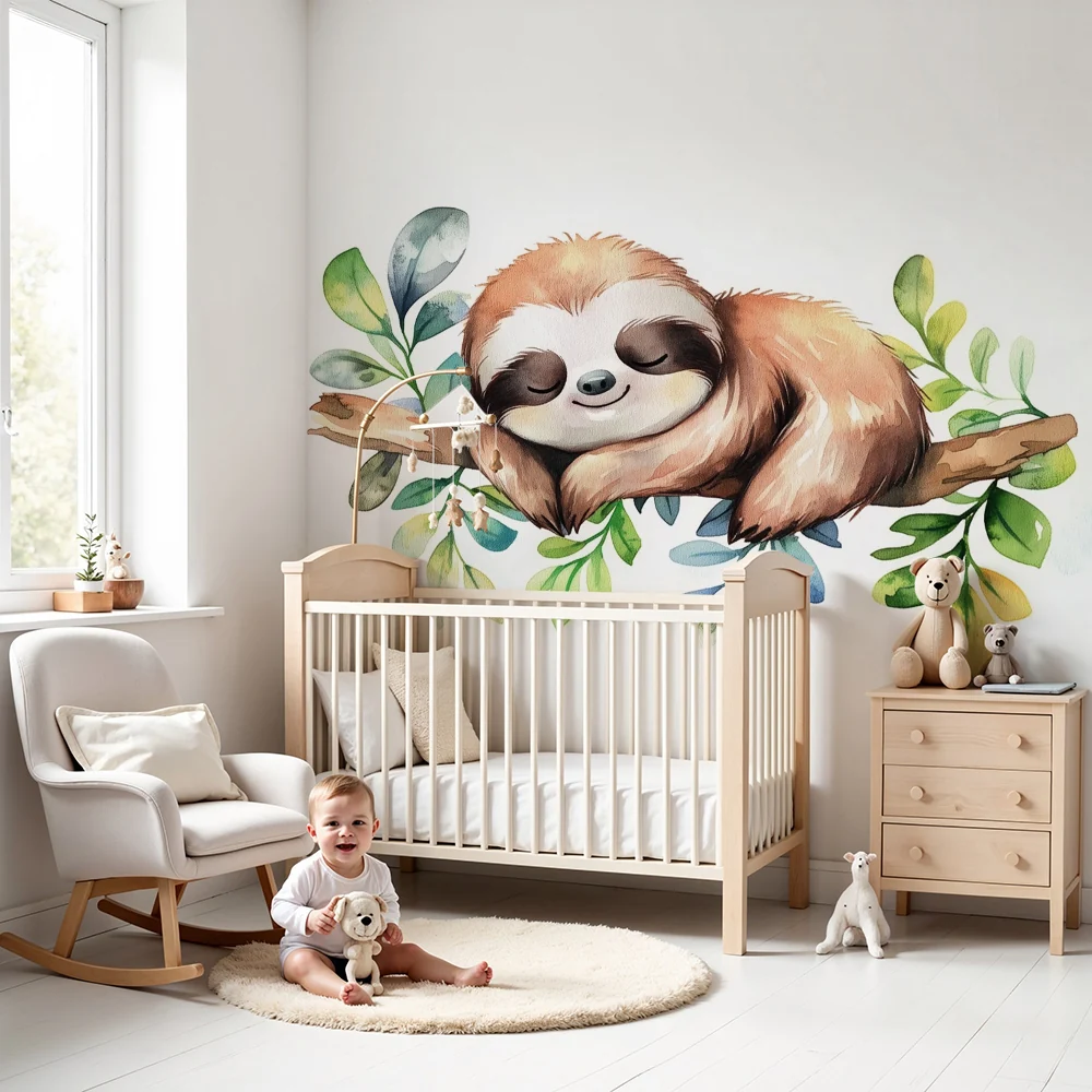 Papel de parede quarto bebê | Preguiç dormindo e folhas aquarela
