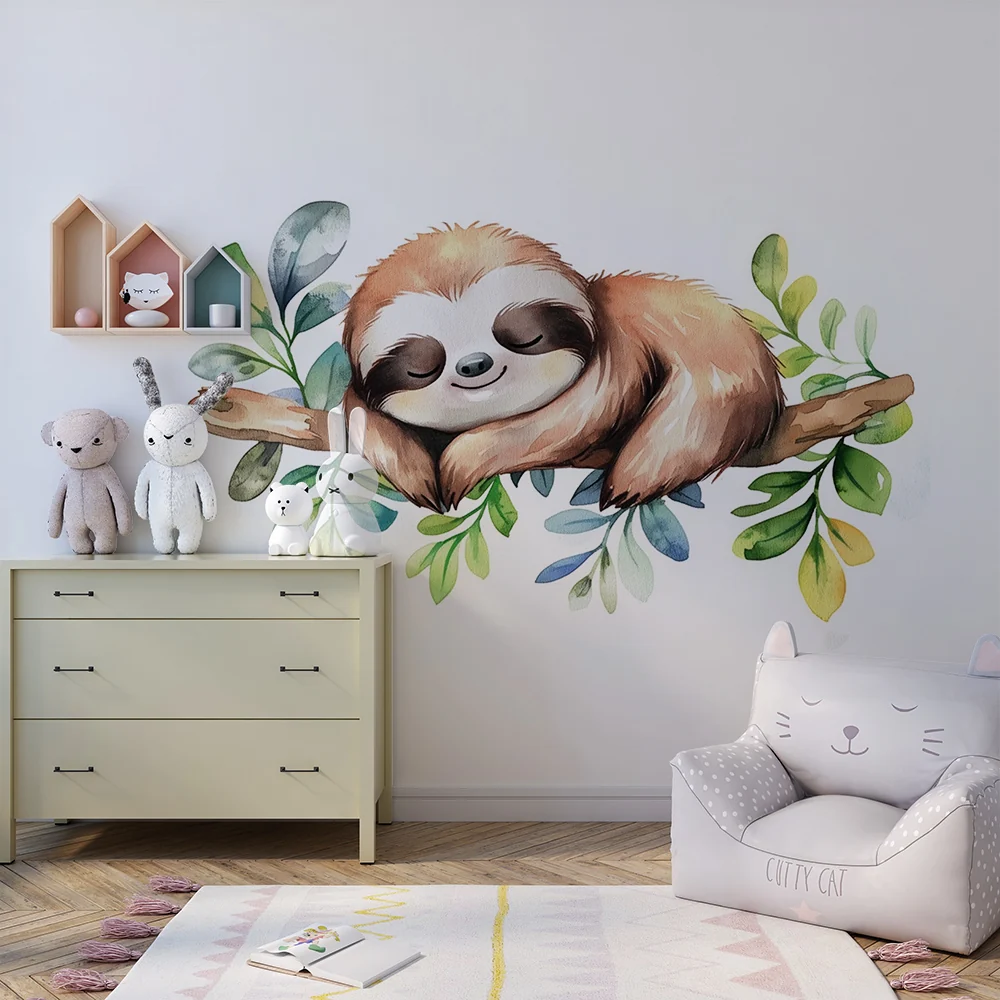 Papel de parede quarto bebê | Preguiç dormindo e folhas aquarela