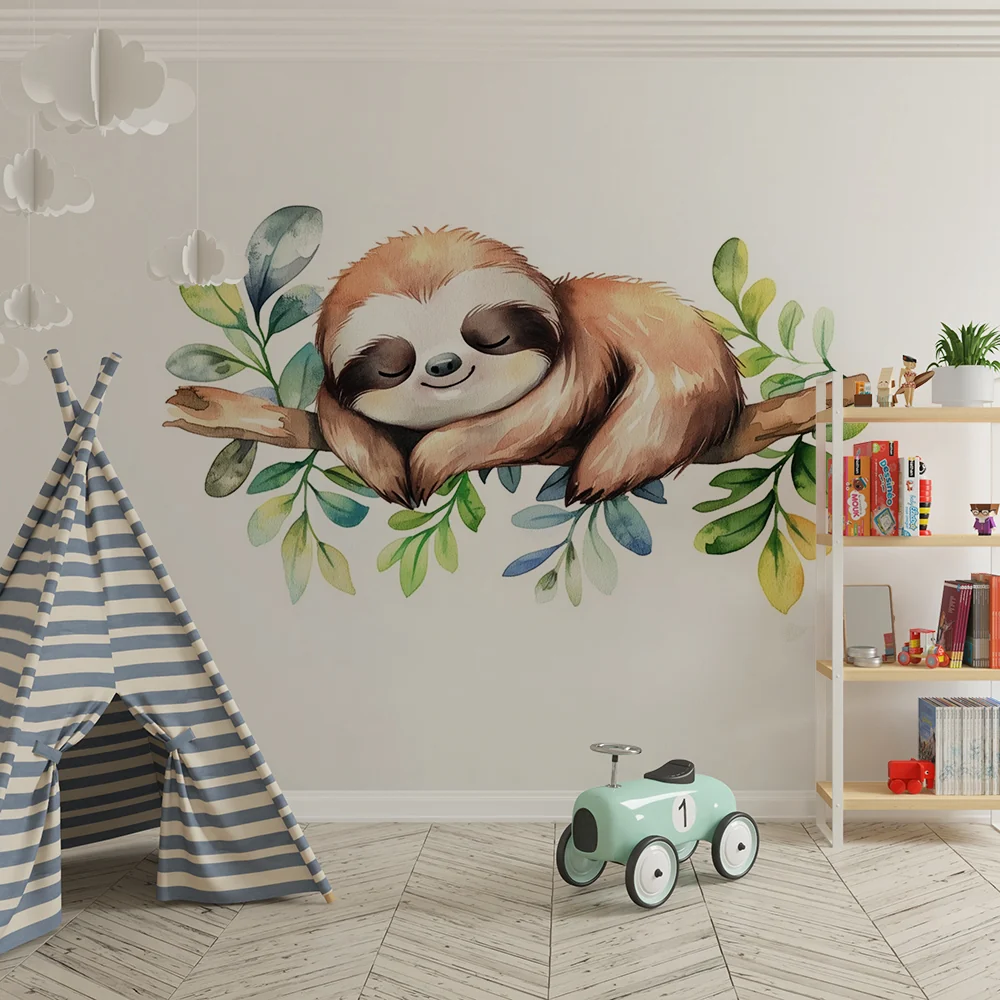 Papel de parede quarto bebê | Preguiç dormindo e folhas aquarela