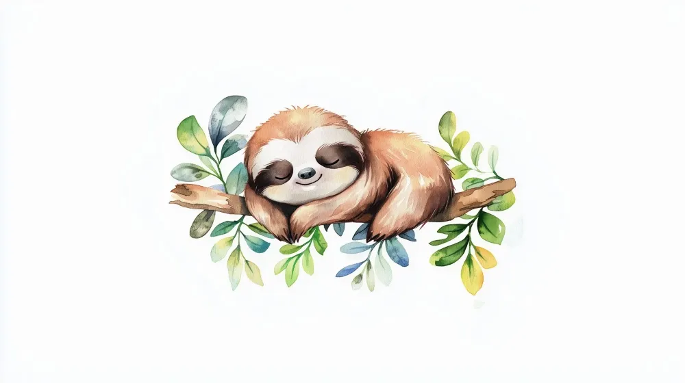Papel de parede quarto bebê | Preguiç dormindo e folhas aquarela