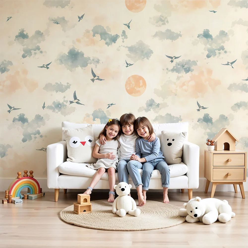 Papel de parede quarto bebê | Pássaros e nuvens pastel