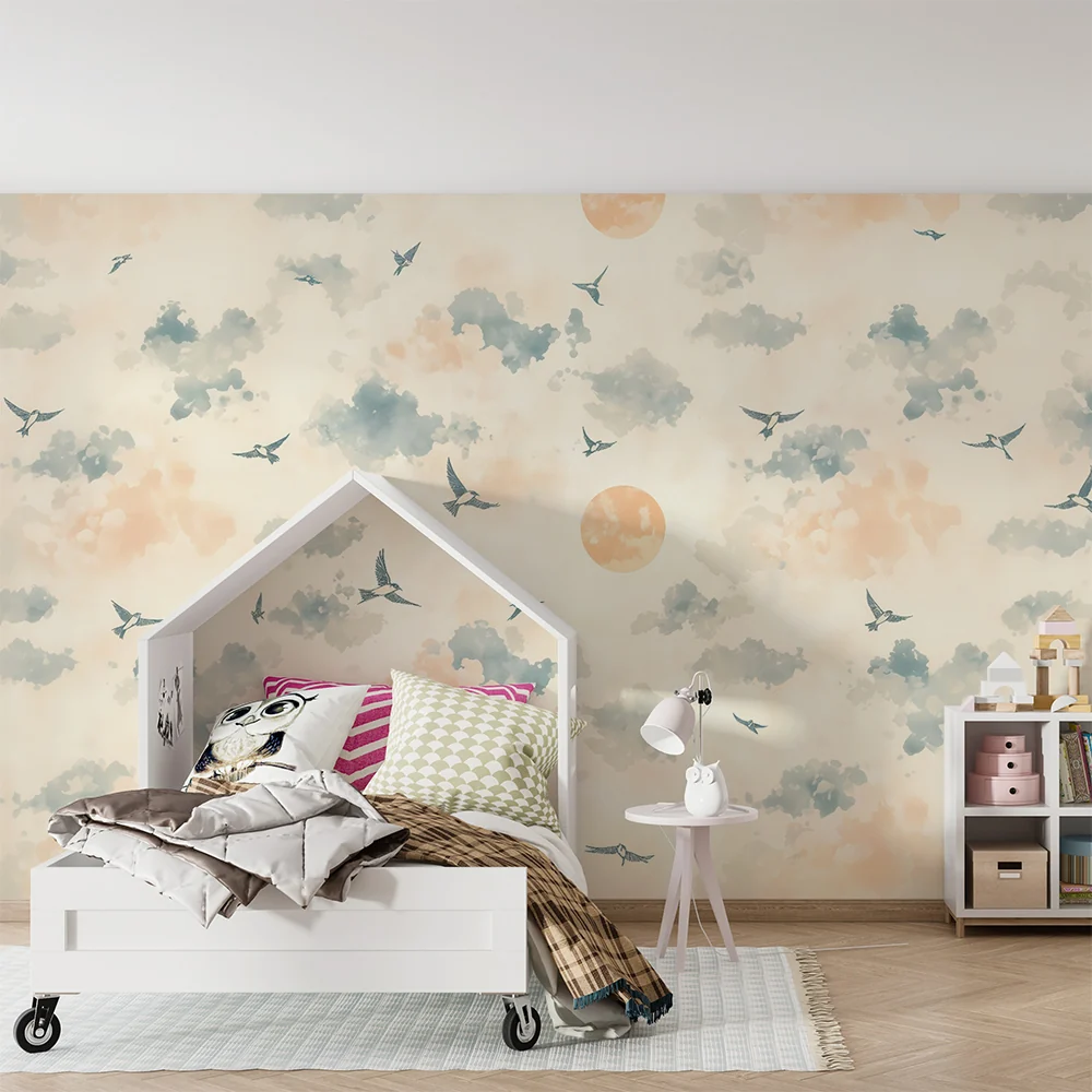 Papel de parede quarto bebê | Pássaros e nuvens pastel
