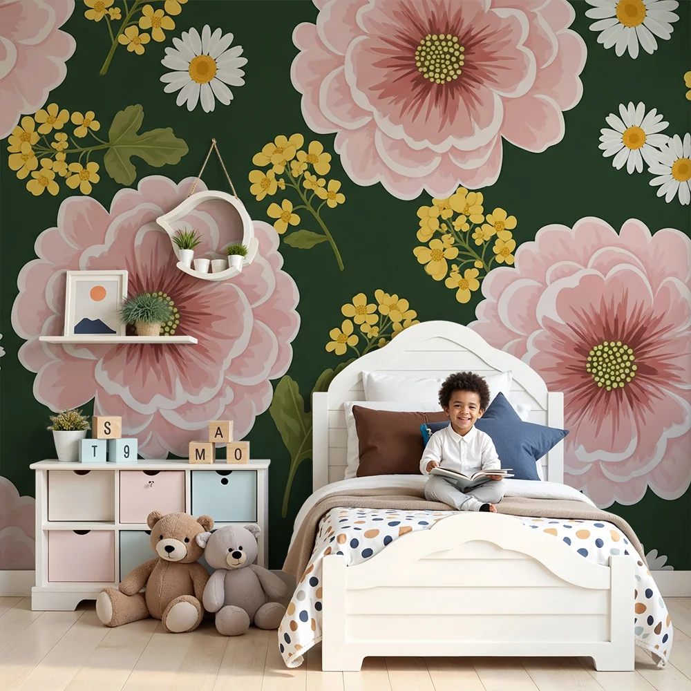 Papel de parede quarto bebê | Rosas e margaridas em fundo verde