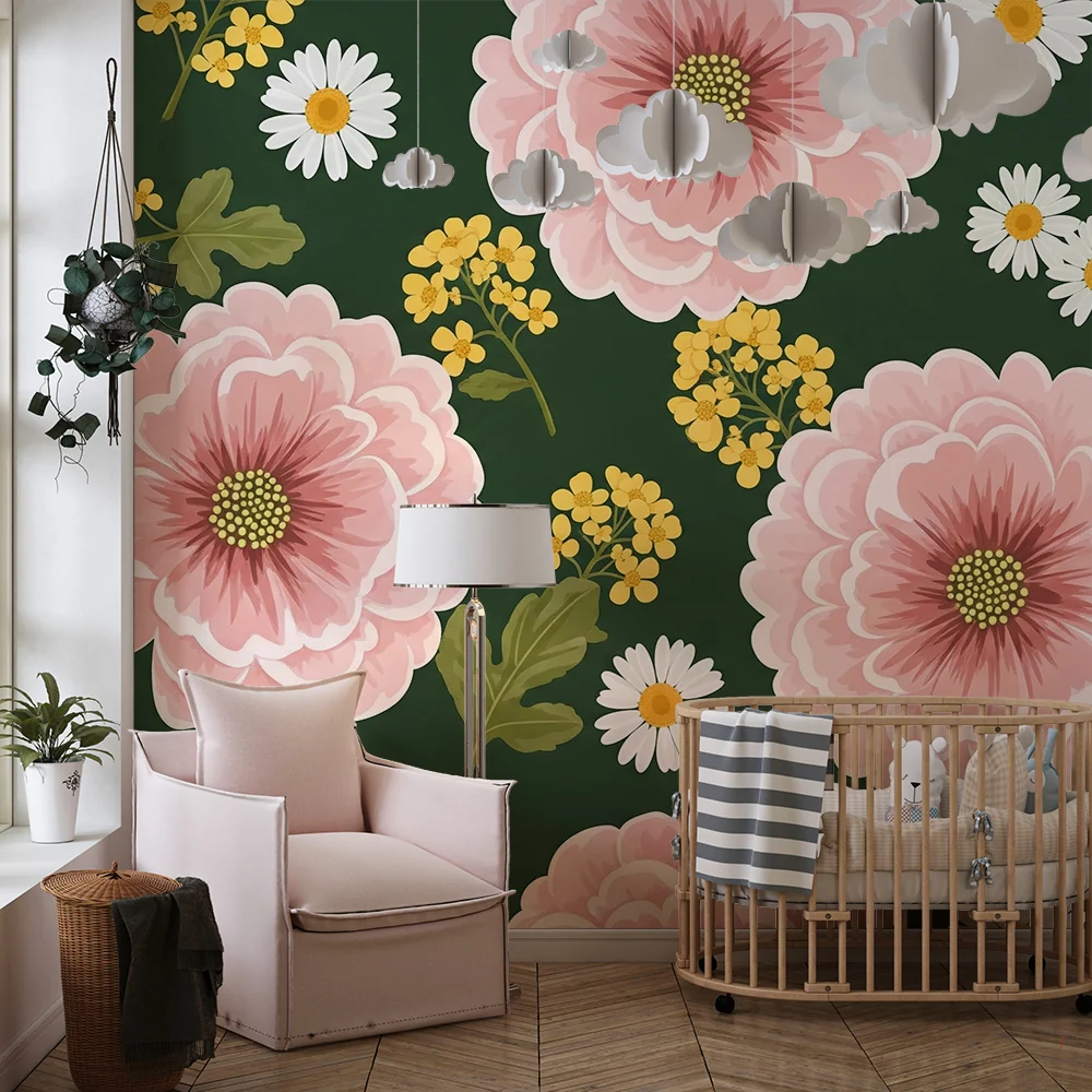 Papel de parede quarto bebê | Rosas e margaridas em fundo verde