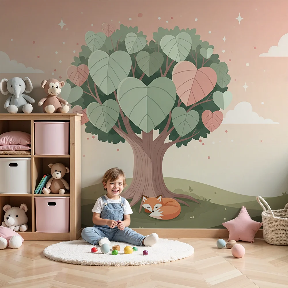 Papel de parede quarto bebê | Árvore com folhas em forma de coração e raposa adormecida