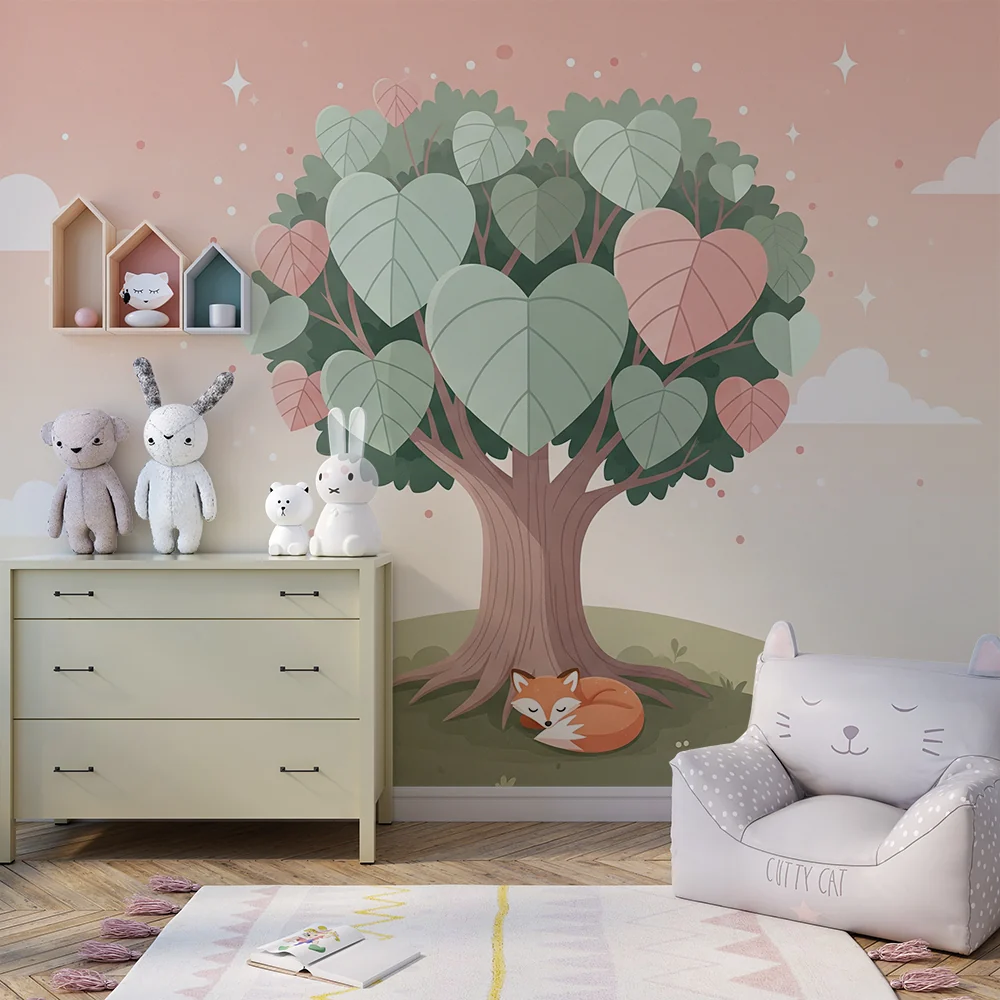 Papel de parede quarto bebê | Árvore com folhas em forma de coração e raposa adormecida