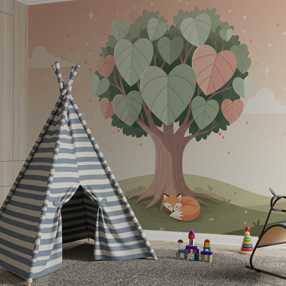 Papel de parede quarto bebê | Árvore com folhas em forma de coração e raposa adormecida