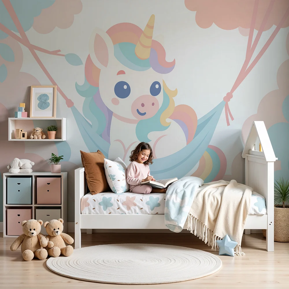 Papel de parede quarto bebê | Sonhadora unicórnio em nuvens pastel