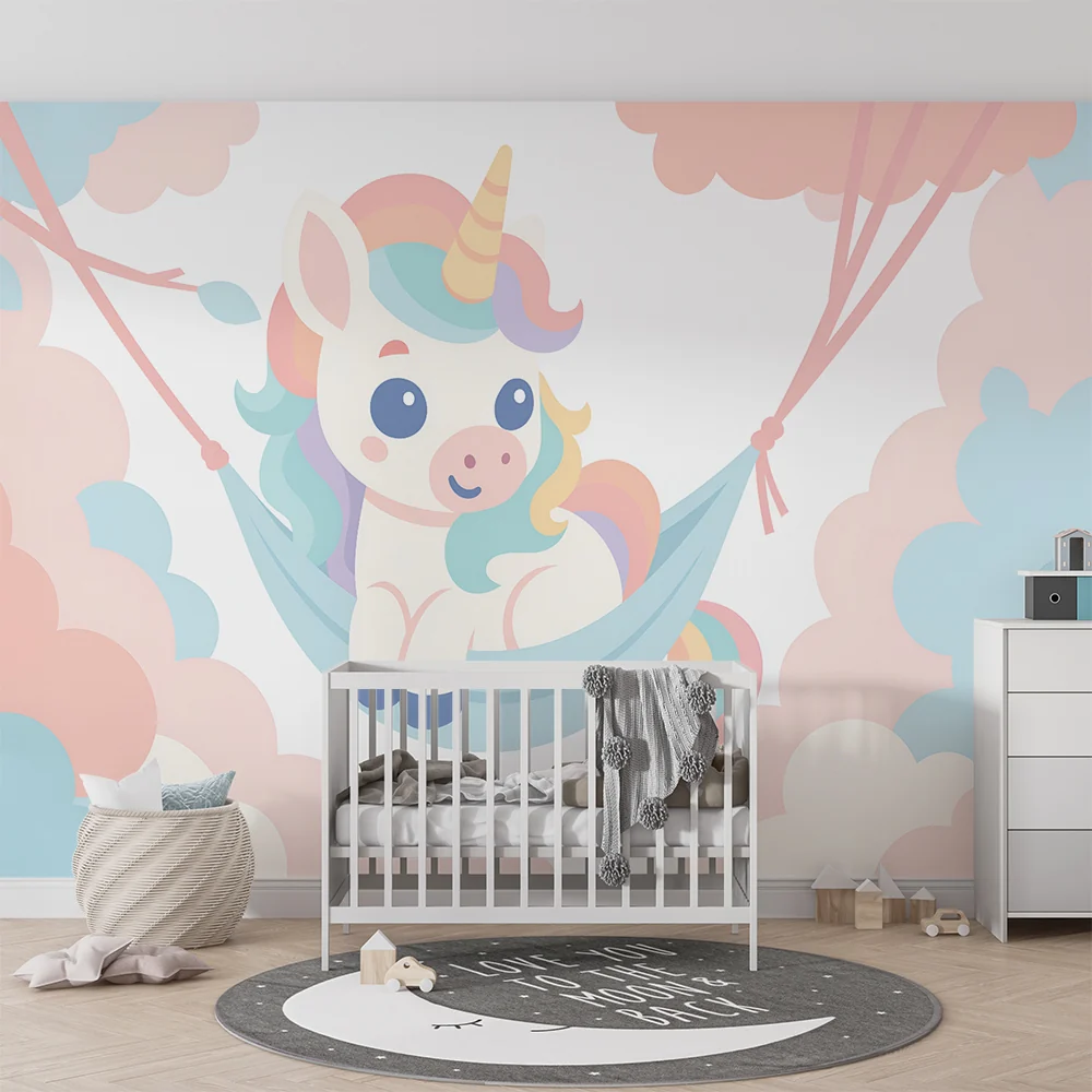 Papel de parede quarto bebê | Sonhadora unicórnio em nuvens pastel