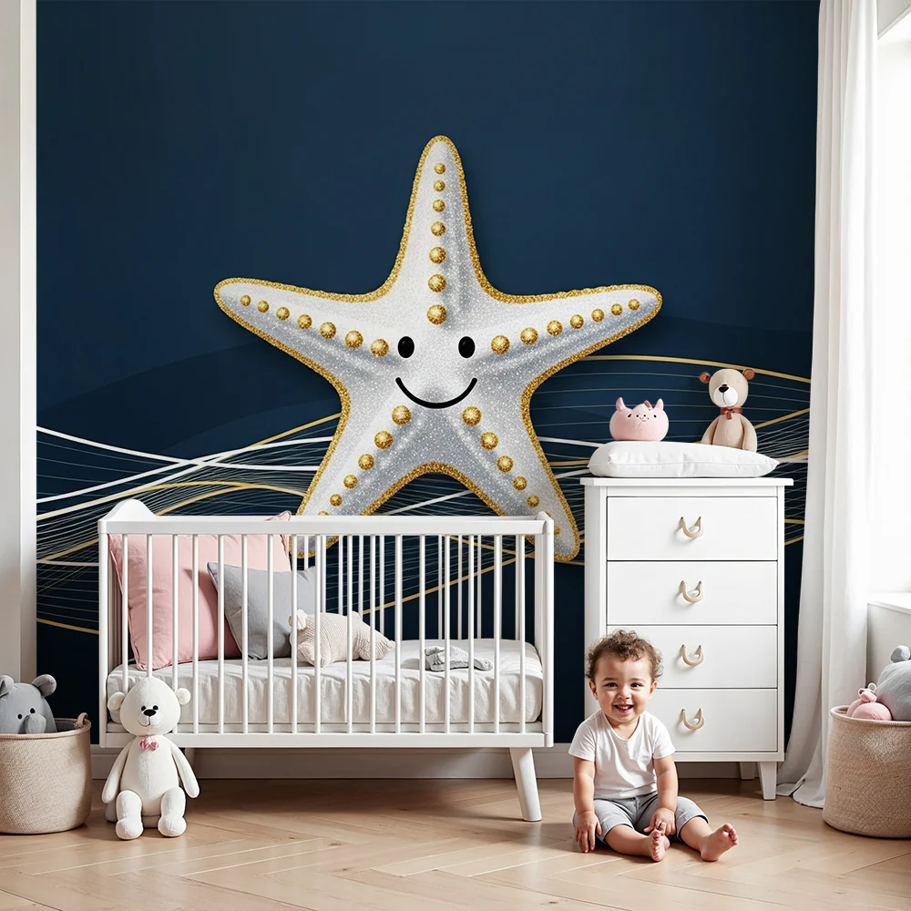 Papel de parede quarto bebê | Sorridente estrela do mar em fundo marinho