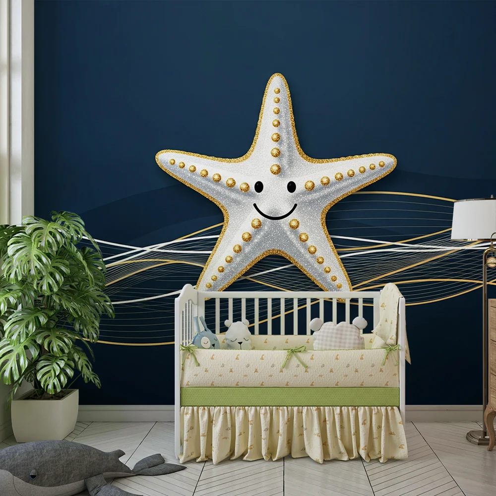 Papel de parede quarto bebê | Sorridente estrela do mar em fundo marinho