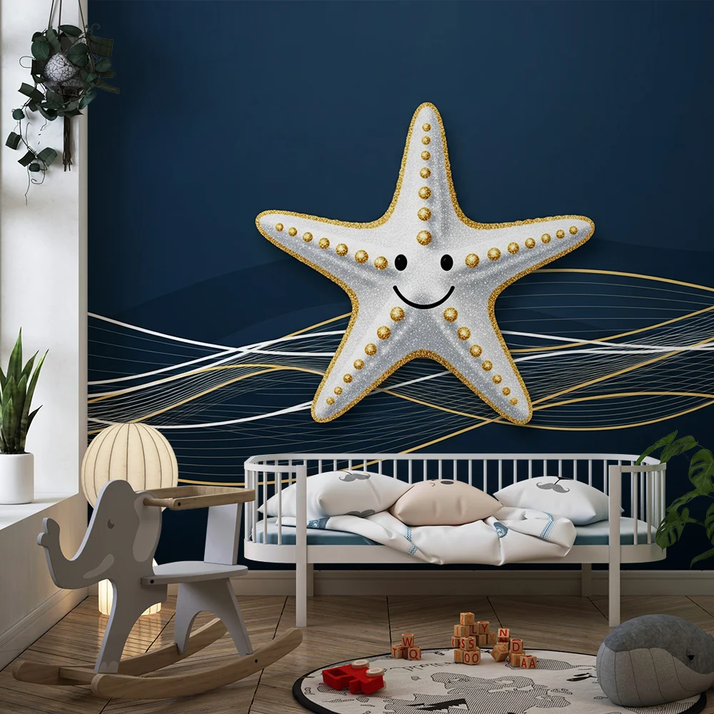 Papel de parede quarto bebê | Sorridente estrela do mar em fundo marinho