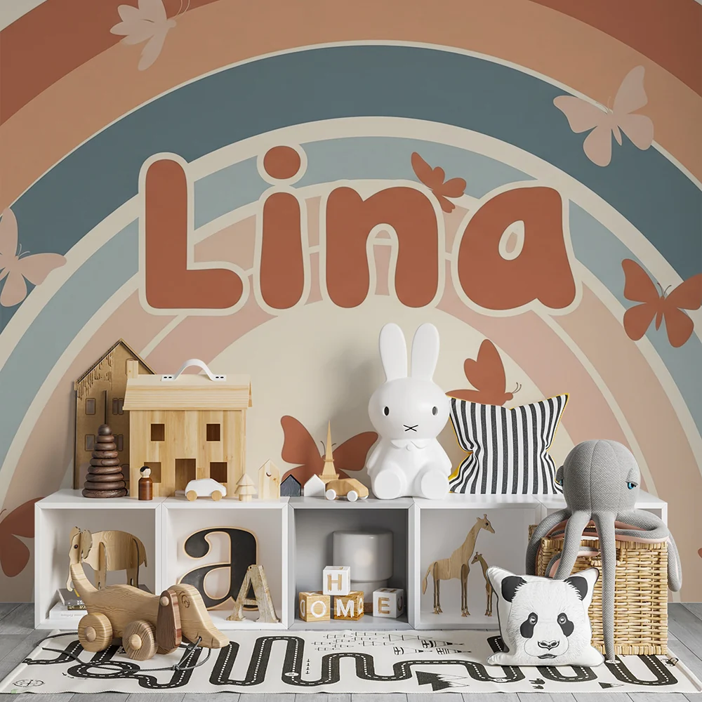Papel de parede quarto bebê | Suave arco-íris com delicadas borboletas