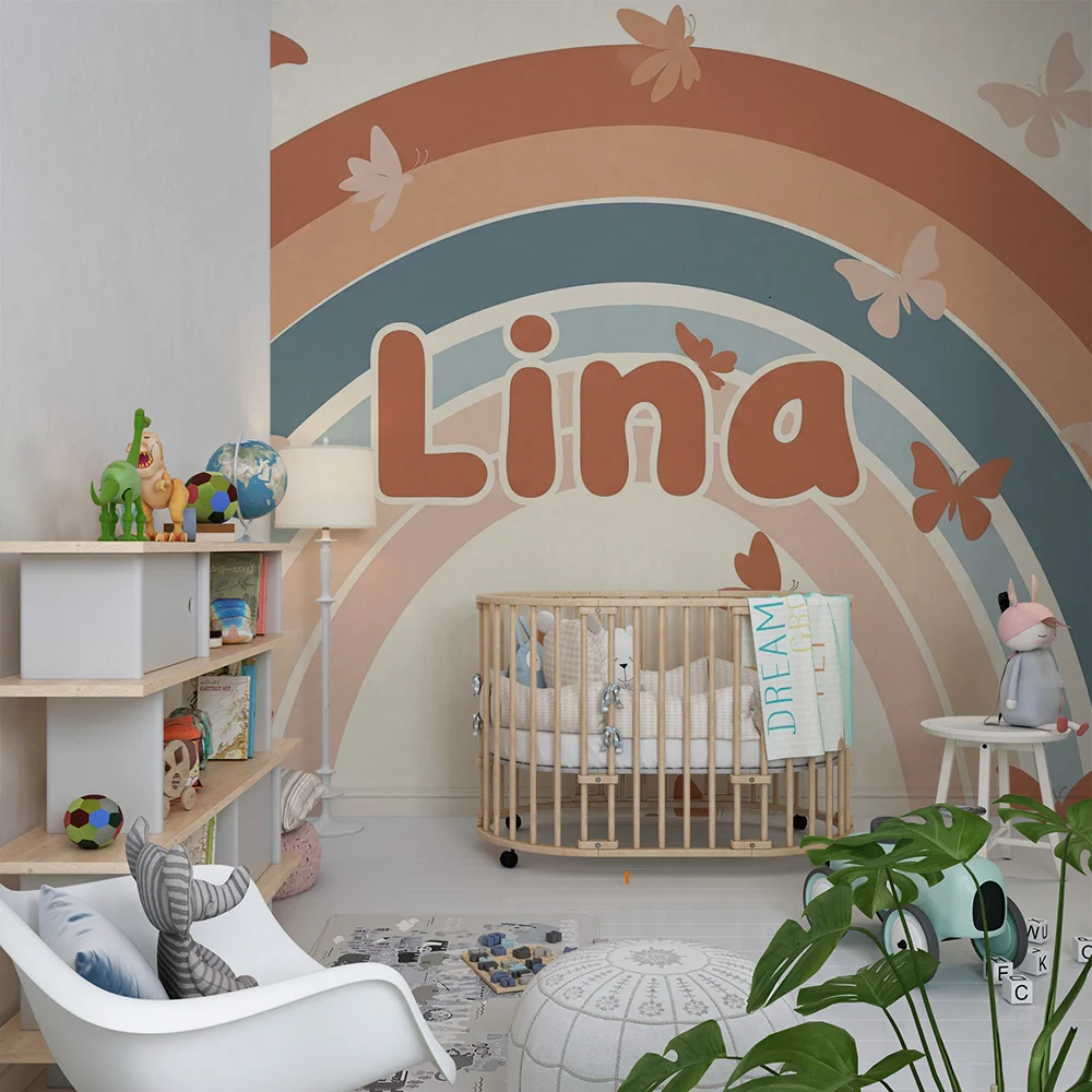 Papel de parede quarto bebê | Suave arco-íris com delicadas borboletas