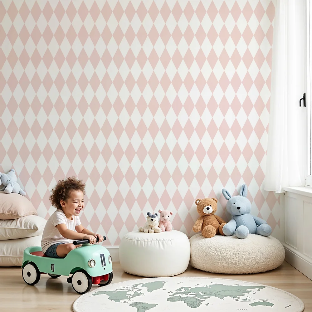 Papel de parede quarto bebê | Suave padrão de losangos em rosa claro