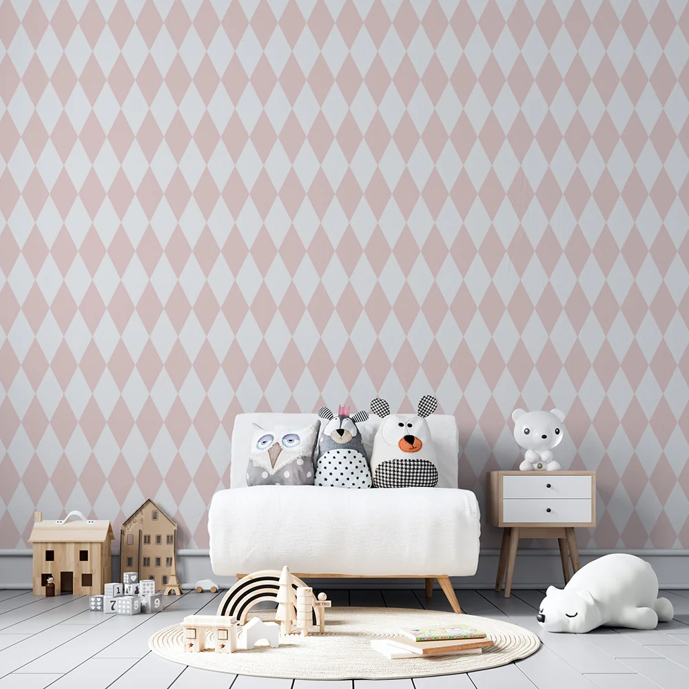 Papel de parede quarto bebê | Suave padrão de losangos em rosa claro