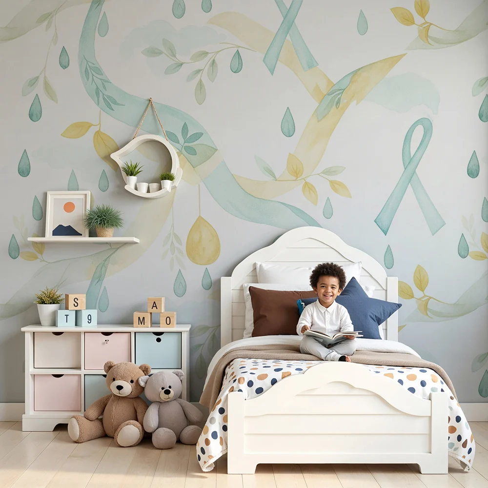 Papel de parede quarto bebê | Suaves fitas e folhas em tons pastel