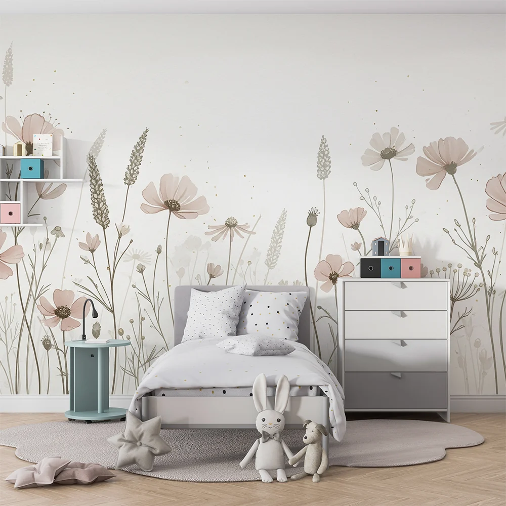 Papel de parede quarto bebê | Suaves flores pastel em fundo claro