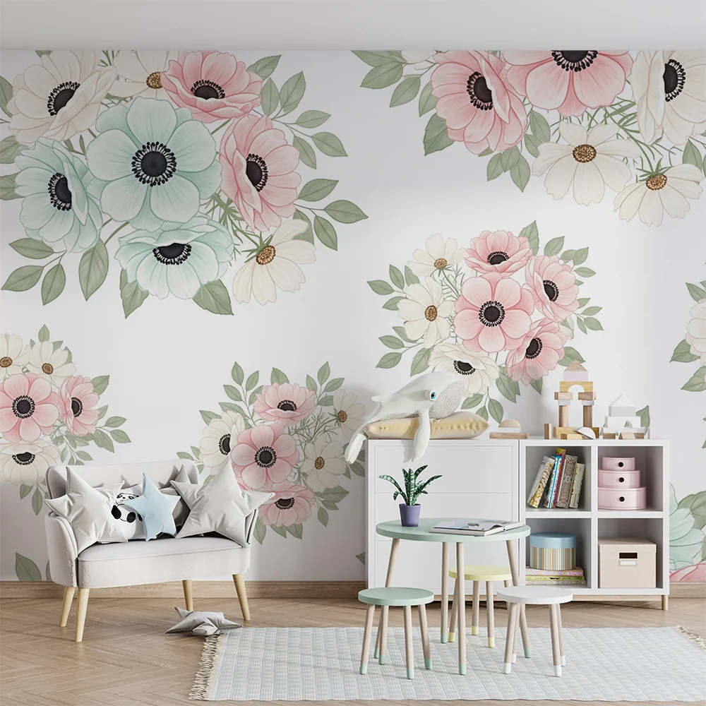 Papel de parede quarto bebê | Suaves flores pastel e folhagem delicada