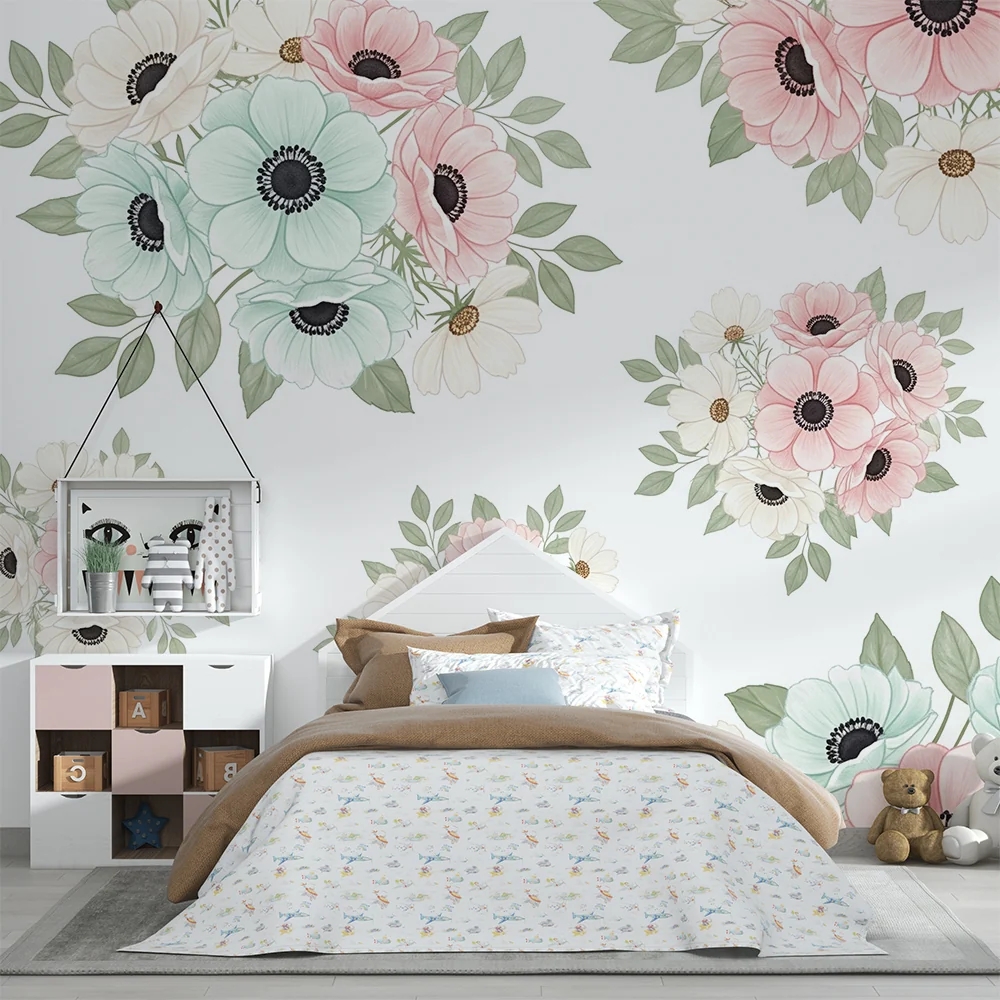 Papel de parede quarto bebê | Suaves flores pastel e folhagem delicada