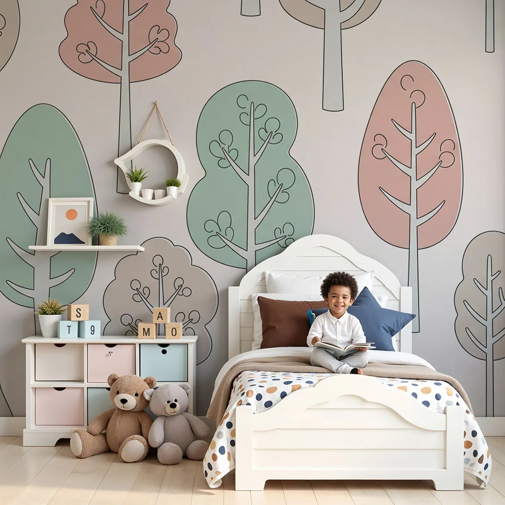 Papel de parede quarto bebê | Suaves florestas com árvores pastel