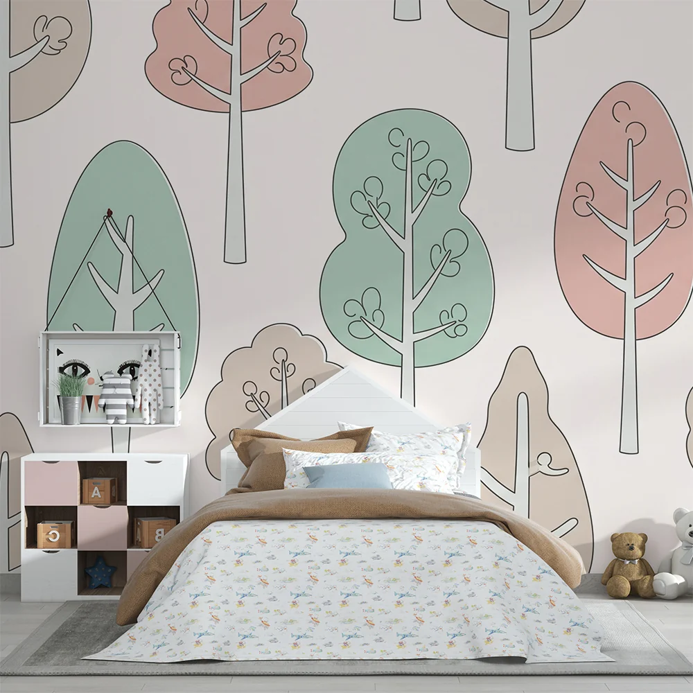 Papel de parede quarto bebê | Suaves florestas com árvores pastel