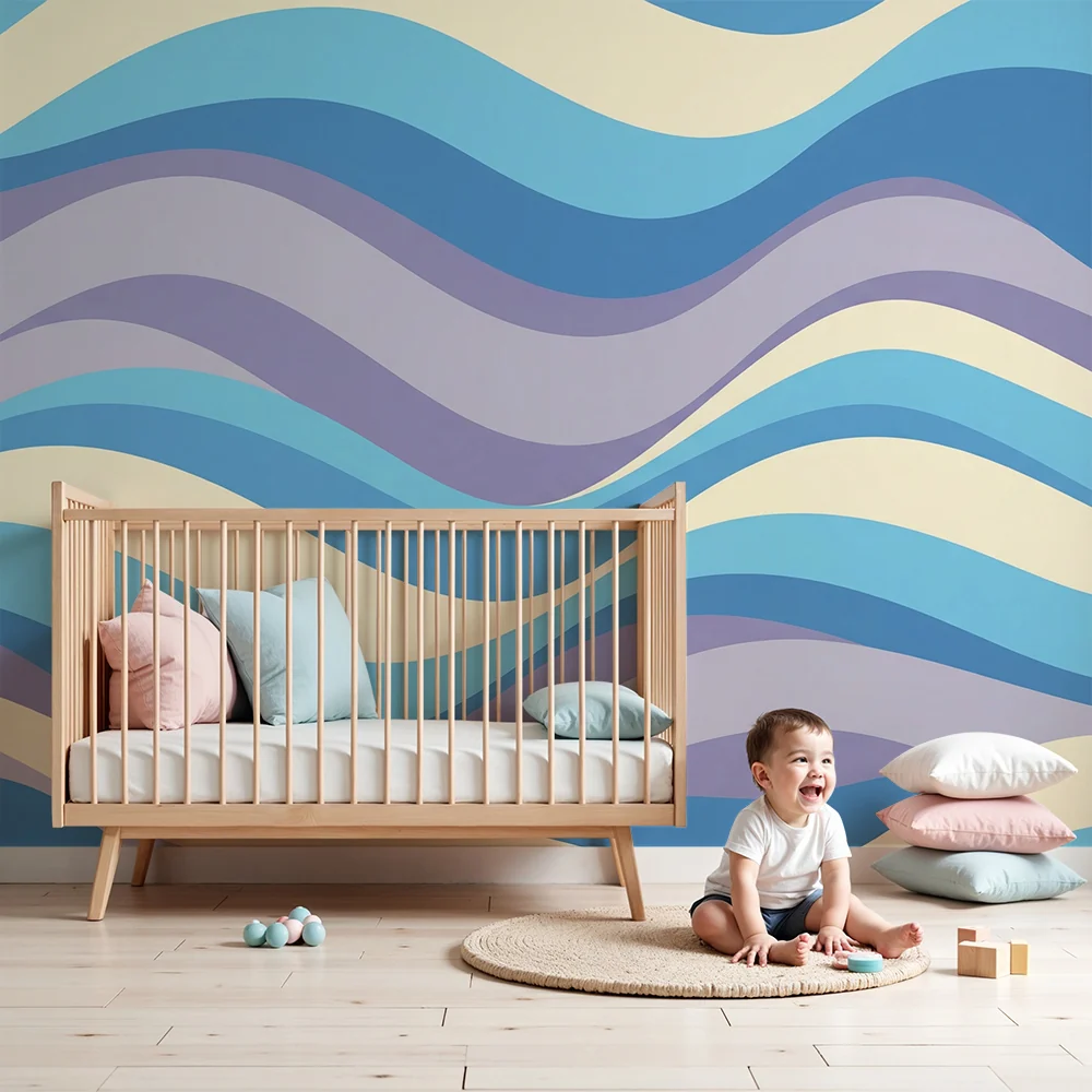 Papel de parede quarto bebê | Suaves ondas em tons de azul e violeta
