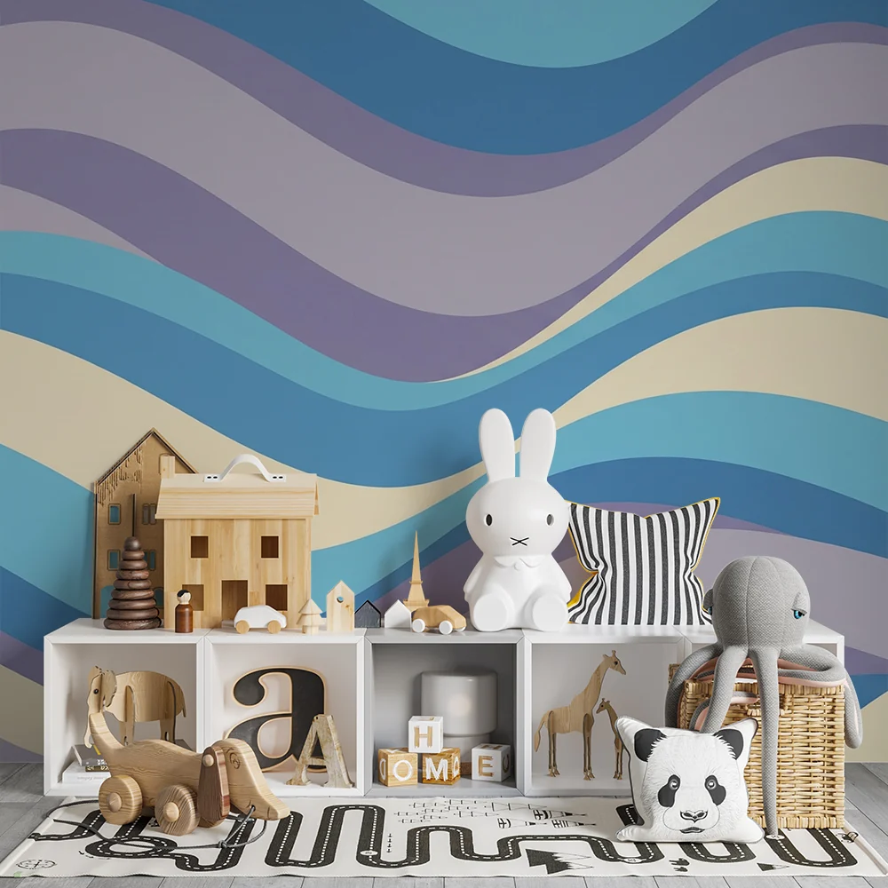 Papel de parede quarto bebê | Suaves ondas em tons de azul e violeta